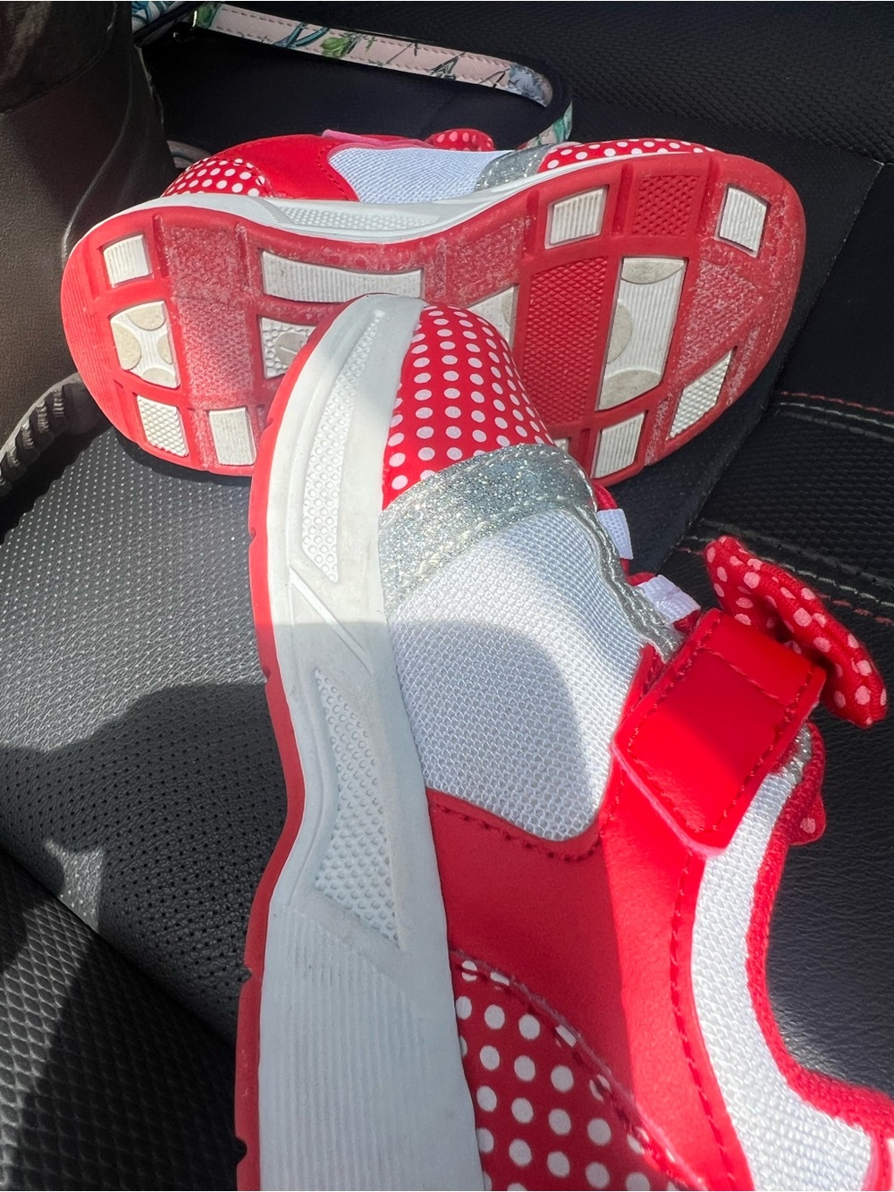 Disney Red Polka Dot Bow Kids Sneakers with Silver Glitter Lights up - Picture 5 of 6